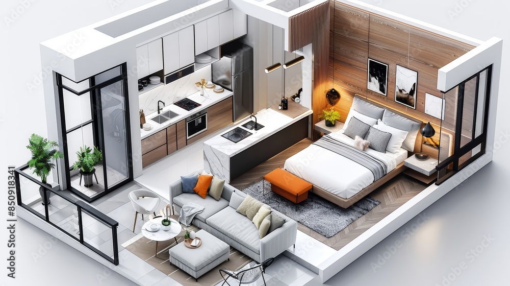A white and brown apartment with a kitchen, living room, and bedroom A white and brown apartment with a kitchen, living room, and bedroom