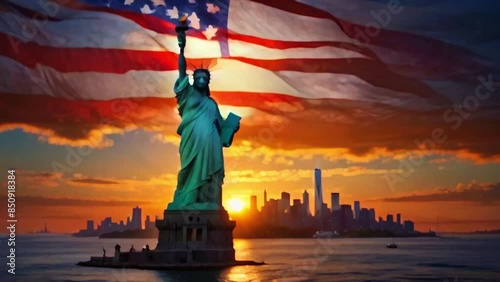 Statue of a Liberty in front of a large American flag. There is a sunset in the background and a large city skyline with skyscrapers. independence day 4 july