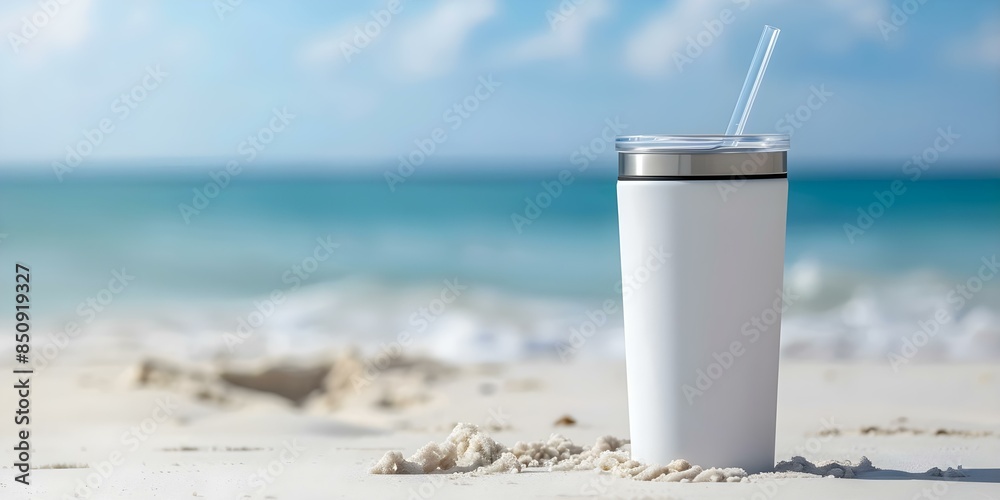 Product shot of white stainless steel sublimation tumbler with straw on beach. Concept Product Photography, Stainless Steel Tumbler, Sublimation, Beach Setting, Summer Theme Product shot of white stainless steel sublimation tumbler with straw on beach. Concept Product Photography, Stainless Steel Tumbler, Sublimation, Beach Setting, Summer Theme