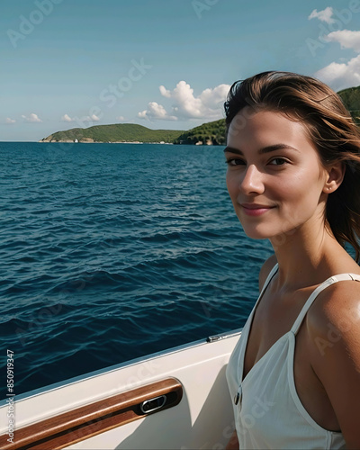 Mujer de vacaciones sonriente con el pelo al viento en un barco navegando por el mar cerca de la costa