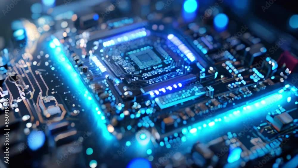 A close-up of a computer circuit board with a glowing blue light. A close-up of a computer circuit board with a glowing blue light.