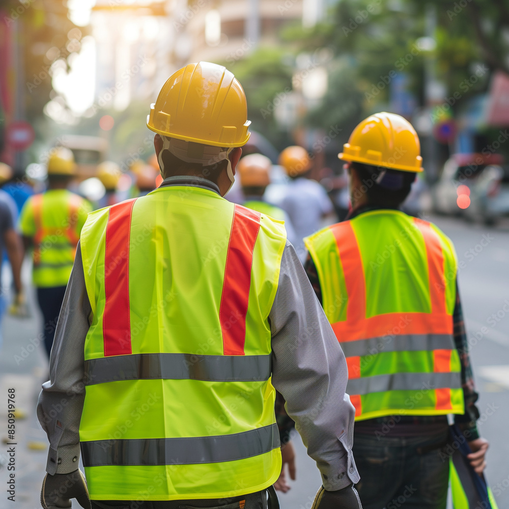 A group of workers wearing safety helmets and protective equipment at the workplace. A group of workers wearing safety helmets and protective equipment at the workplace.