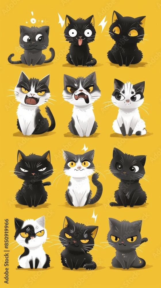 Set of twelve black and white cats showing different emotions on yellow background Set of twelve black and white cats showing different emotions on yellow background