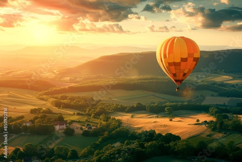 A vibrant hot air balloon floats gracefully over rolling hills and green fields at sunset