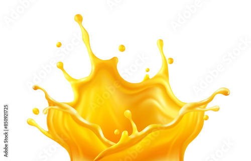 Realistic orange juice crown splash. Fruity spray and drops of fruity sweet drinking water. Liquid with bubbles isolated. PNG Illustration.
