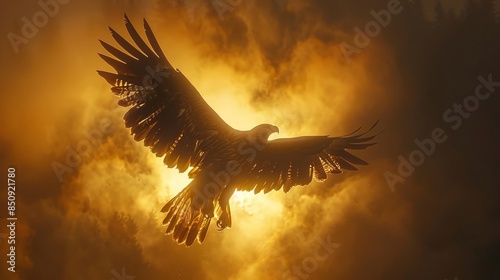 Golden Eagle in Flight with Glowing Sun in the Background © Putra