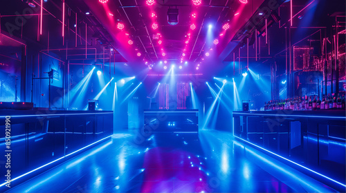 Vibrant Nightclub Stage, Dynamic Lighting and Dance Floor, Party Atmosphere, EDM Blue Laser Light Background