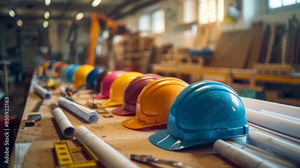 Fototapeta premium Workshop with Colorful Construction Helmets on Wooden Workbench Amidst Tools and Blueprints