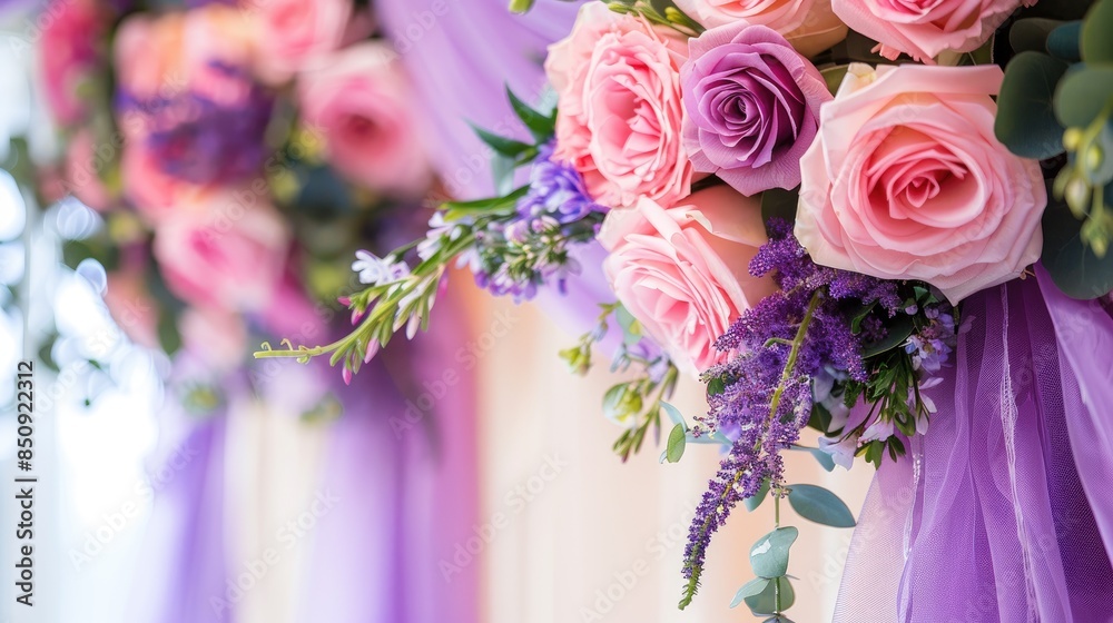Lovely wedding decorations featuring pink roses adorned with purple chiffon border Lovely wedding decorations featuring pink roses adorned with purple chiffon border