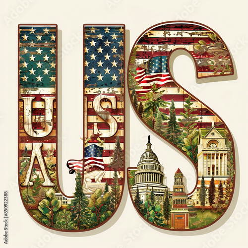 USA Letters Created With Rustic American Architecture, Flag, Trees. 4th of July, national holidays. Logo icon design illustration. Poster, background, clothing, sticker, badge.  photo