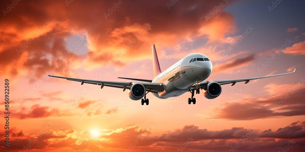 Sunset view of airplane flying through cloudy sky with sun peeking through. Concept Aviation, Atmospheric, Sunsets, Clouds, Travel Sunset view of airplane flying through cloudy sky with sun peeking through. Concept Aviation, Atmospheric, Sunsets, Clouds, Travel