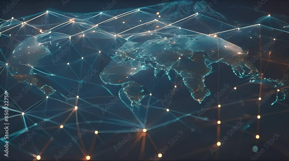 Glistening Earth with curving network lines, depicting a digital web of global connectivity