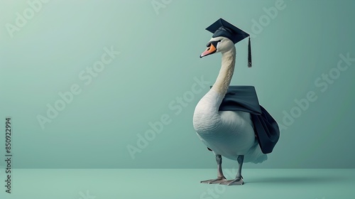 Fototapeta Naklejka Na Ścianę i Meble -  A Surreal Swan Wearing Graduation Ceremony Cap and Gown on Plain Colored Background