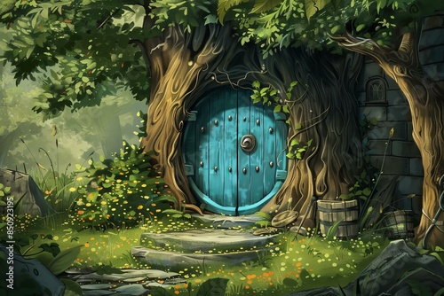 Mystical door set within a lush, vibrant forest scene, inviting enchantment and adventure