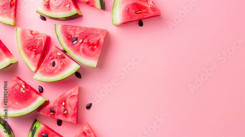 Square pieces of fresh watermelon on pink background photo