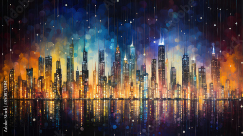 Dynamic Urban Nightscape, Abstract City Skyline. Generative AI