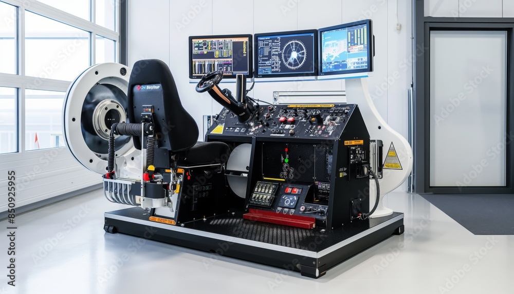 A modern flight simulator setup with detailed control panels against a laboratory background