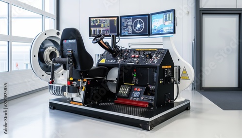 A modern flight simulator setup with detailed control panels against a laboratory background photo