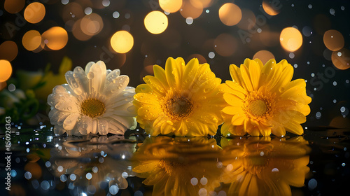 yellow and white gerbera flowers placed on dark surface with water drops glowing in lights against black background