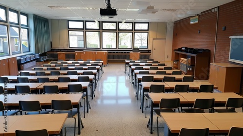 Empty high school classroom interior with desks and chairs, netherlands 2017