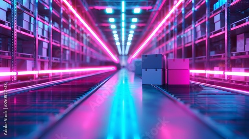 Futuristic Warehouse with Vibrant Neon Lights and Conveyor Belts