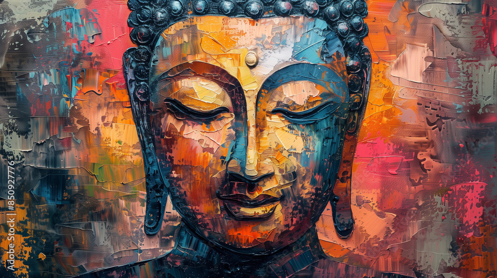 An oil painting of an abstract Buddha face, painted on a richly textured background, created as a work of meditative art. An oil painting of an abstract Buddha face, painted on a richly textured background, created as a work of meditative art.