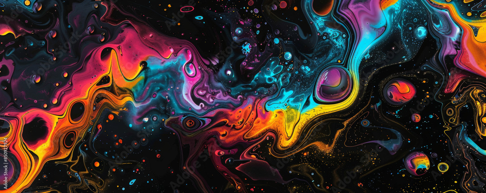 Fototapeta Black background with colorful, abstract digital art patterns.