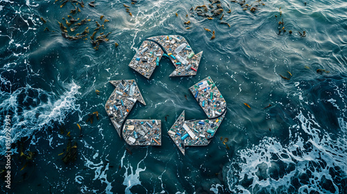 Aerial view of plastic trash forming the recycling symbol on top of the water surface of the ocean photo