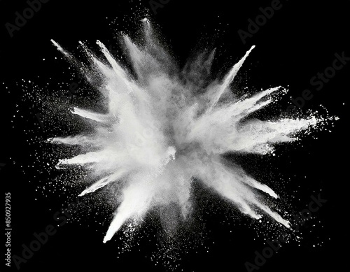 Weiße Staub Explosion abstrakt isoliert auf schwarzen Hintergrund, Freisteller  photo
