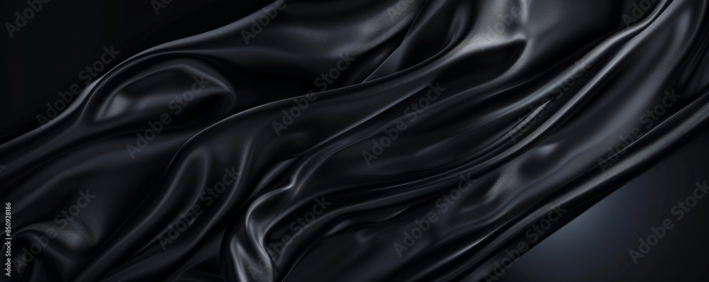 Fototapeta premium Black background with smooth, satin fabric texture in dark tones.