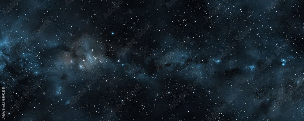 Naklejka premium Black background with subtle, dark blue galaxy and stars.