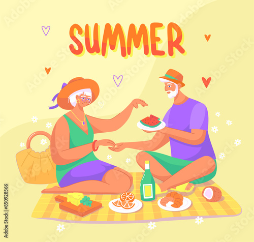 Happy elderly couple drinking wine and celebrating anniversary on picnic blanket. Aged man and woman outdoors on date. Senior lovers spending leisure time together. Flat vector illustration