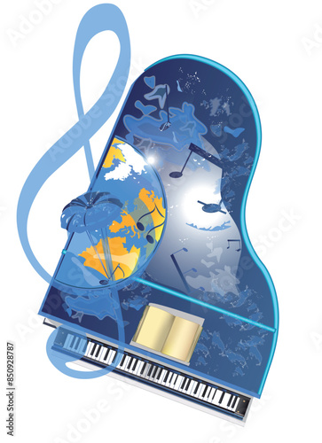 Abstract musical design with a treble clef and Planet Earth, colorful splashes, notes and waves.  Planet music. Hand drawn vector illustration.