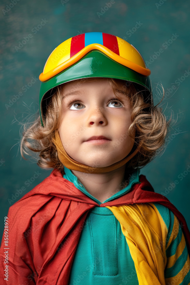 Young Child in Colorful Helmet and Superhero Cape Looking Upward Dress Up Fun Play Young Child in Colorful Helmet and Superhero Cape Looking Upward Dress Up Fun Play