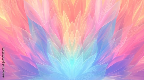 Abstract pastel gradient background layered geometric shapes feathers vibrant color palette