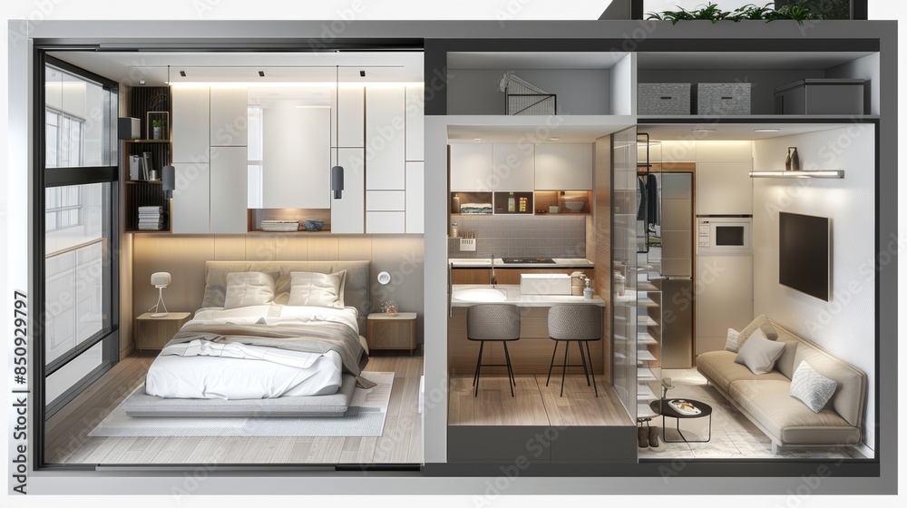 A small open bedroom with a bed, a television, and a kitchen