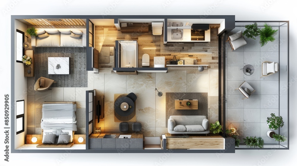 A small apartment with a kitchen, living room, and bedroom A small apartment with a kitchen, living room, and bedroom