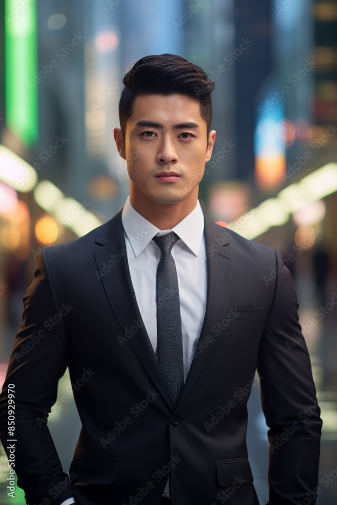 Asian businessman in a suit, sharp focus, bustling cityscape blurred in the background, confident pose Asian businessman in a suit, sharp focus, bustling cityscape blurred in the background, confident pose