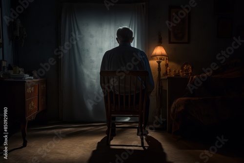 Back shot of an old person watching a classic television, shadowy room, reflective mood