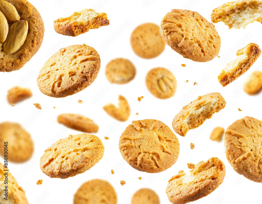 Cookies Stücke fallen isoliert auf weißen Hintergrund, Freisteller Cookies Stücke fallen isoliert auf weißen Hintergrund, Freisteller