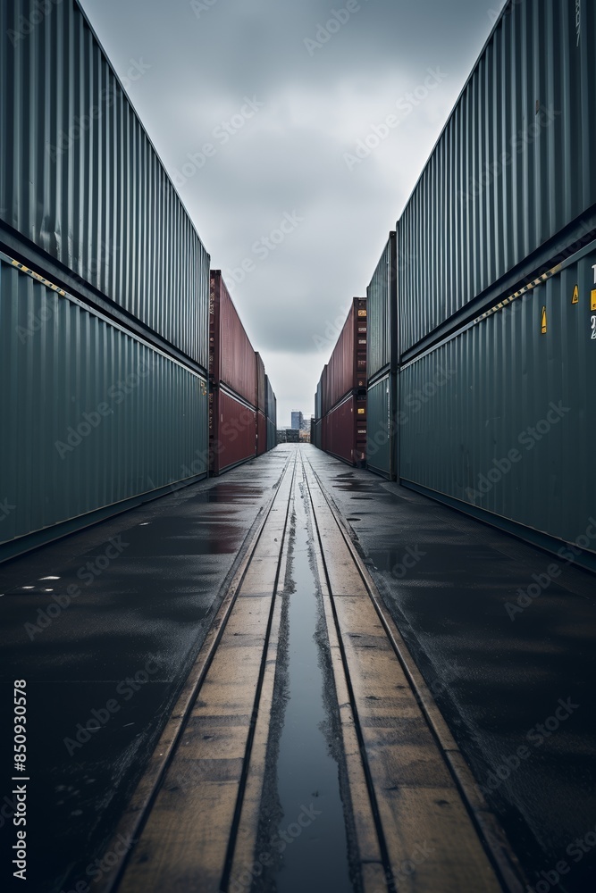 Industrial cargo containers, close-up, rows extending into the distance, overcast lighting, high detail Industrial cargo containers, close-up, rows extending into the distance, overcast lighting, high detail