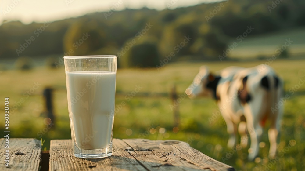 Close-up of a glass of delicious white milk and a cow against a background of beautiful mountain peaks and floral green meadows, perfect for a dairy business or healthy natural food theme Close-up of a glass of delicious white milk and a cow against a background of beautiful mountain peaks and floral green meadows, perfect for a dairy business or healthy natural food theme