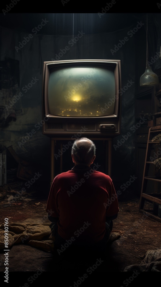 Lone elderly viewer in a dark room, focused on an ancient TV set, overhead soft light, tranquil scene Lone elderly viewer in a dark room, focused on an ancient TV set, overhead soft light, tranquil scene