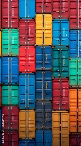 Seamless background of multicolored shipping containers, orderly arrangement, clear sky, detailed texture