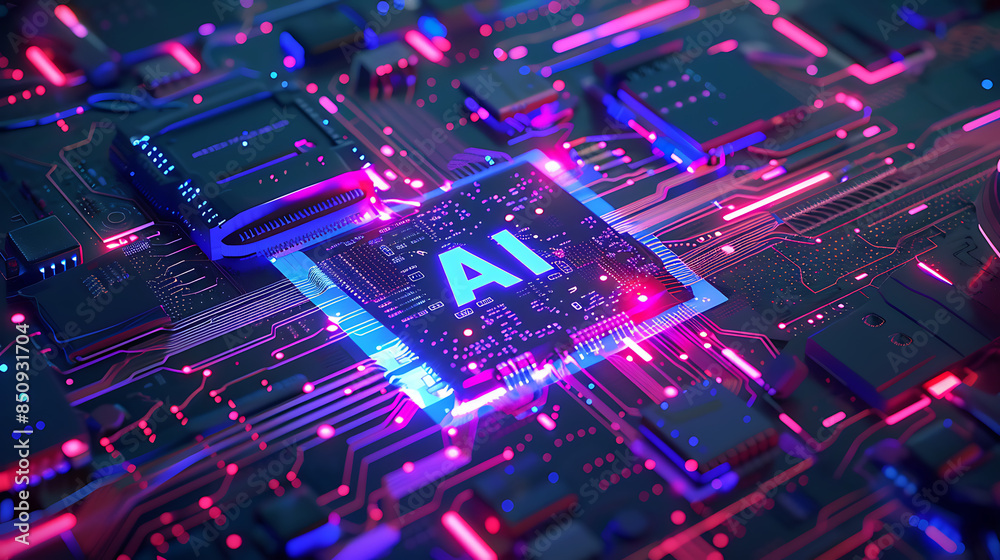 Obraz premium AI Processor Chip on Cyberpunk Circuit Board with Neon Accents