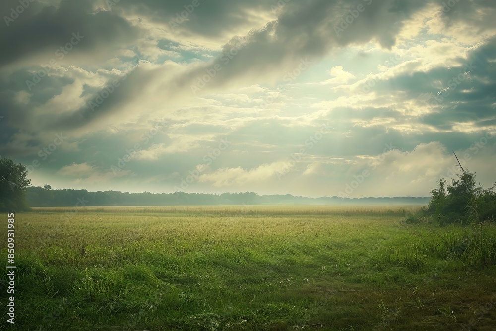 Tranquil morning with sunrays beaming through clouds above a lush green field Tranquil morning with sunrays beaming through clouds above a lush green field