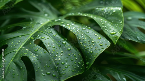 Close-up of lush green monstera leaves covered in dew drops, showcasing their natural texture and freshness in a tropical setting.
