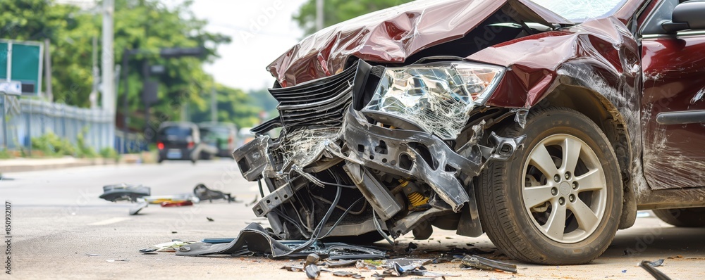 Image showing the aftermath of a crash with a red car's wrecked front ...