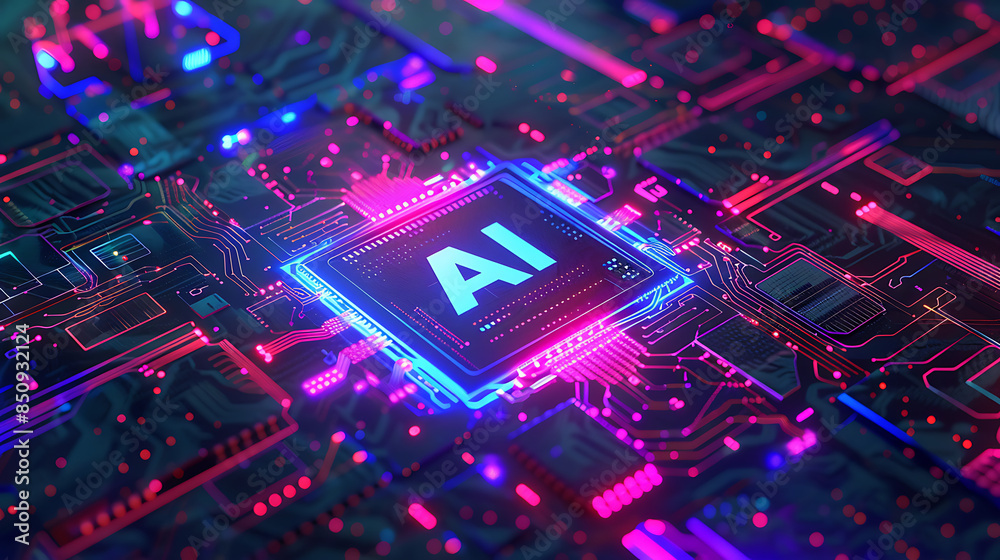 AI Processor Chip on Cyberpunk Circuit Board with Neon Accents AI Processor Chip on Cyberpunk Circuit Board with Neon Accents