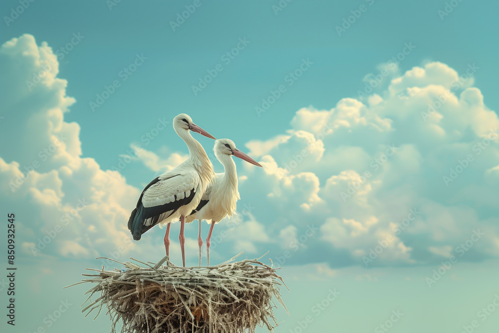 Fototapeta premium A pair of beautiful storks stands in a nest against a cloudy blue sky